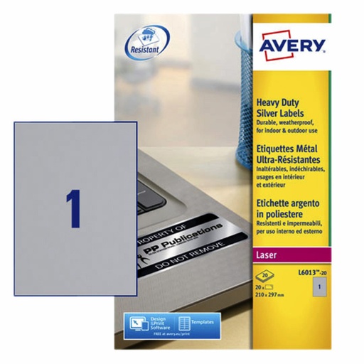 [817514] Etiket Avery L6013-20 210x297mm zilver 20 etiketten