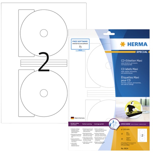 [816668] Etiket HERMA 8624 CD 116mm wit opaqua 20 stuks