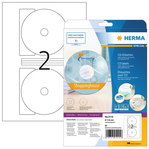 [817230] Etiquette HERMA 5115 CD 116mm blanc 50 pièces