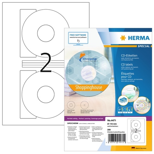 [817076] Etiquette HERMA 4471 CD 116mm blanc opaque 200 pièces