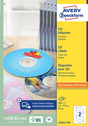 [817734] Etiquette CD Avery Zweckform L6043-100 blanc 200 pièces