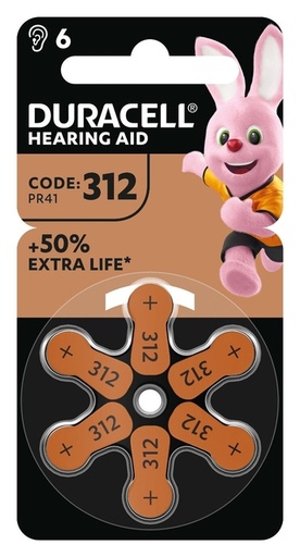 [413589] Pile Duracell Hearing DA312 Ø7,9mm 180mAh 6 pièces