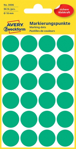 [811164] Etiquette Avery Zweckform 3006 rond 18mm vert 96 pcs