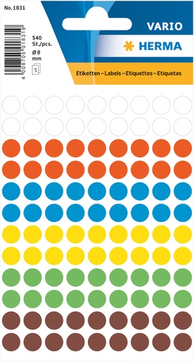 [810919] Etiquette HERMA 1831 rond 8mm assorti 540 pièces