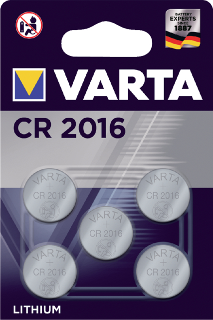 Pile bouton Varta CR2016 lithium blister 5 pièces