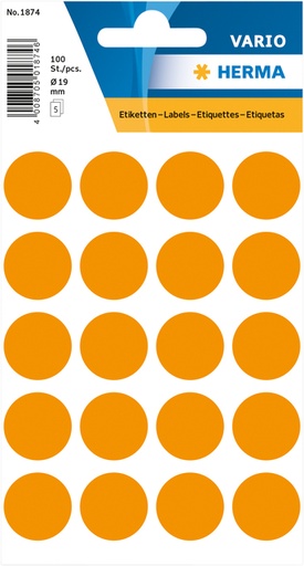 [815059] Etiquette HERMA 1874 rond 19mm orange fluo 100 pièces