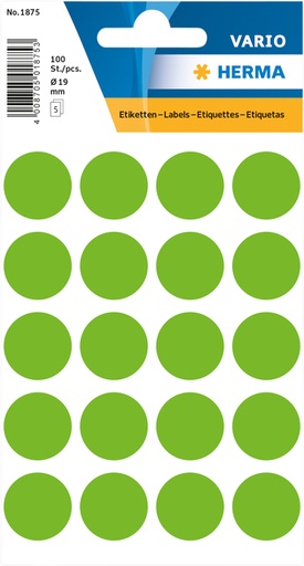 [818003] Etiquette HERMA 1875 rond 19mm vert 100 pièces