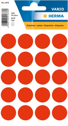 [815052] Etiquette HERMA 1876 rond 19mm rouge fluo 100 pièces
