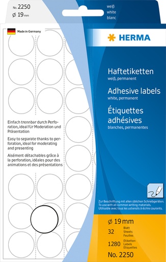 [816180] Etiquette HERMA 2250 rond 19mm blanc 1280 pièces