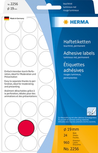 [816181] Etiquette HERMA 2256 rond 19mm rouge fluo 960 pièces