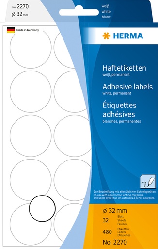 [816220] Etiquette HERMA 2270 rond 32mm blanc 480 pièces