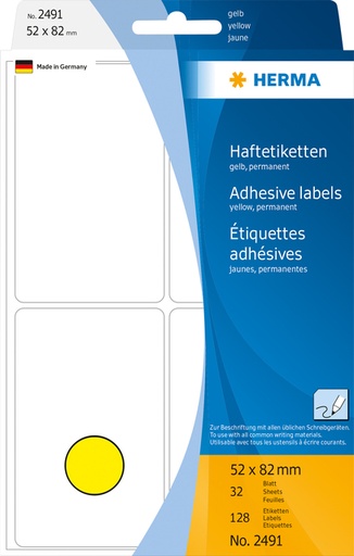 [816825] Etiquette HERMA 2491 52x82mm jaune 128 pièces