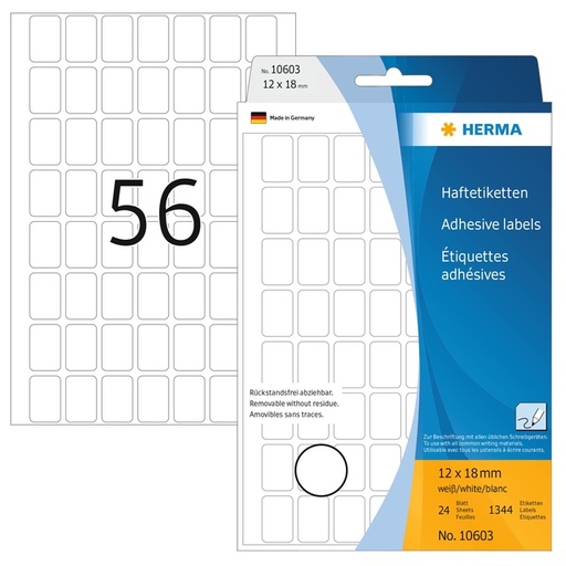 [816903] Etiquette amovible HERMA 10603 12x18mm blanc 1344 pièces