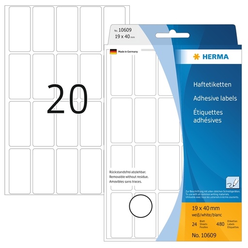 [816905] Etiket HERMA 10609 19x40mm verwijderbaar wit 480 stuks
