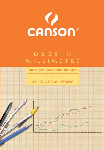 [744007] Millimeterpapier Canson bruingeel bedrukt 50vel 90gr A4 wit