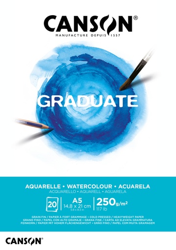 [746257] Aquarelpapier Canson Graduate Watercolour 20vel 250gr A5 natuurlijk wit