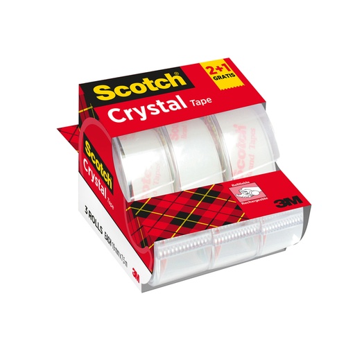 [960202] Ruban adhésif Scotch Crystal 600 19mmx7,5m transparent 2+ 1 gratuit + dévidoir
