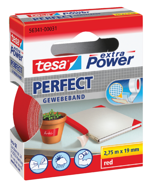 Toile adhésive tesa® extra Power Perfect 2,75mx19mm rouge