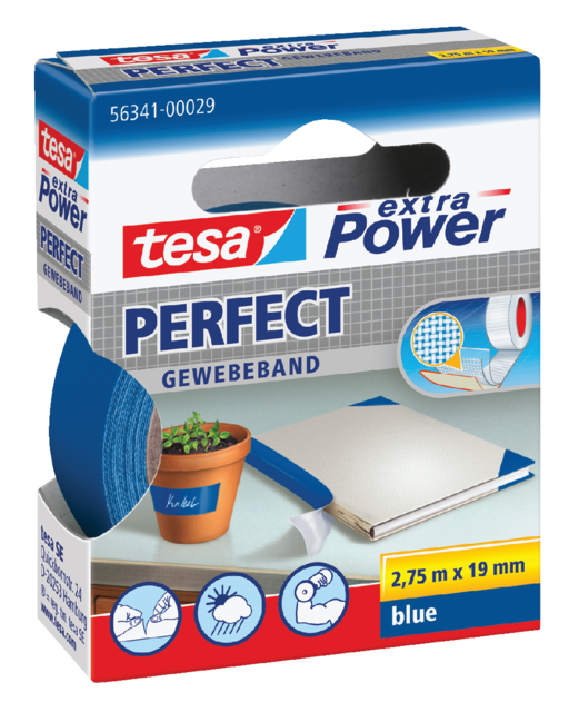 Toile adhésive tesa® extra Power Perfect 2,75mx19mm bleu