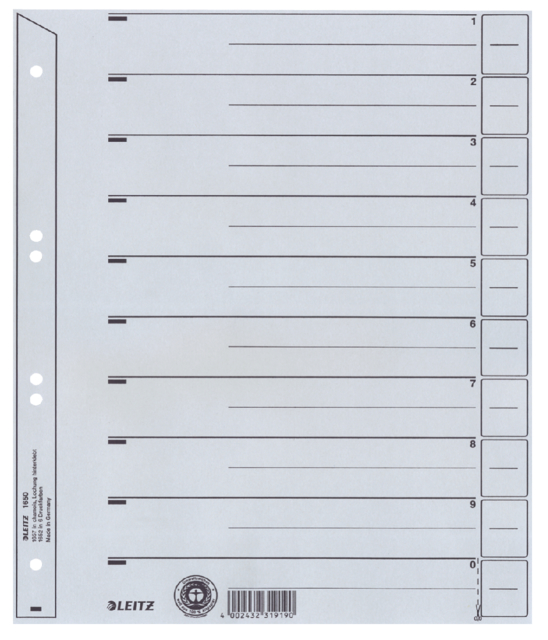 Intercalaires Leitz 1650 carton 200g A4 4 perforations gris