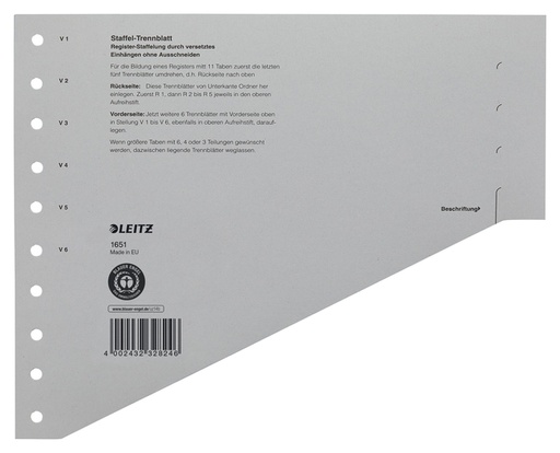 [504030] Intercalaires Leitz A4 carton 200g 11 perforations gris 100 pièces