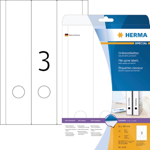 [817744] Etiquette dorsale HERMA 5135 Large/Longue 61x297mm adhésive blanc