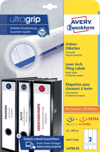 [817533] Étiquette dorsale Avery 61x297mm Large/Longue adhésive blanc