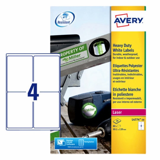 [817556] Etiquette film Avery L4774-20 99,1x139mm blanc 80 pièces