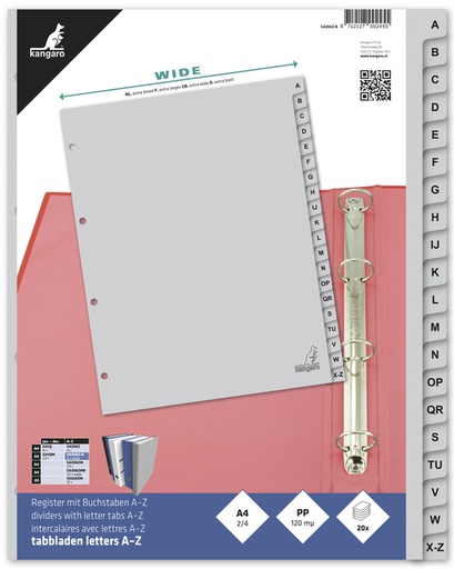 [271351] Intercalaire Kangaro G420AZ-B A4 4 perforations 20 onglets A-Z Large PP gris