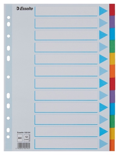 [270148] Intercalaire Esselte Standart A4 12 onglets 11 perf carton assorti