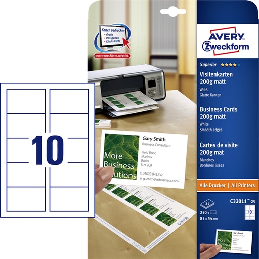 [541423] Carte de visite Avery C32011-25 85x54mm 200g 250 pièces