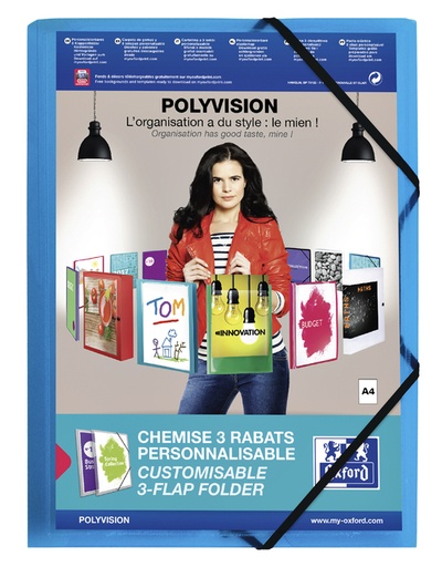 [510253] Chemise à élastique Oxford Polyvision A4 pochette d'insertion 3 rabats PP bleu