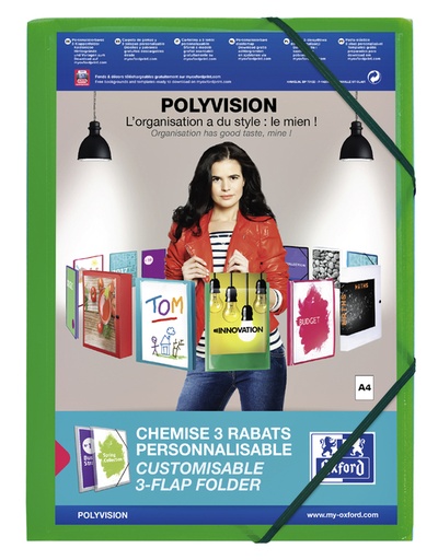 [510254] Chemise à élastique Oxford Polyvision A4 pochette d'insertion 3 rabats PP vert