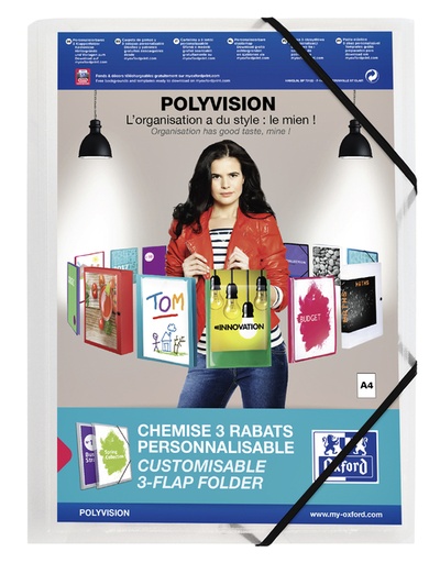 [510258] Chemise à élastique Oxford Polyvision A4 pochette d'insertion 3 rabats PP transparent