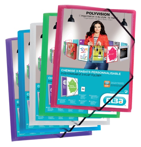 [510259] Elastomap Oxford Polyvision A4 met insteektas 3 kleppen PP assorti