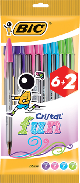 Balpen Bic Cristal assorti medium Fun pouch à 6+2 gratis