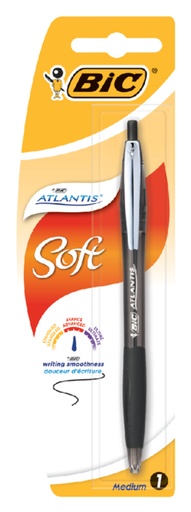 [616011] Stylo bille BIC Atlantis Soft Clip métal Clic Medium noir blister 1 pièce