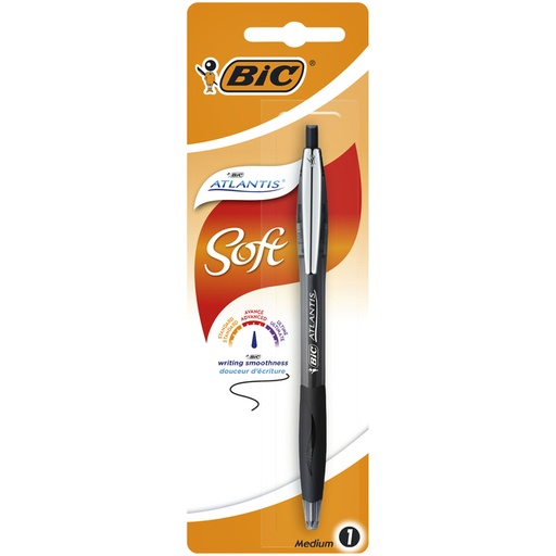 [616011] Stylo bille BIC Atlantis Soft Clip métal Clic Medium noir blister 1 pièce