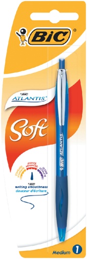 [616013] Stylo bille BIC Atlantis Soft Clip métal Clic Medium bleu blister 1 pièce