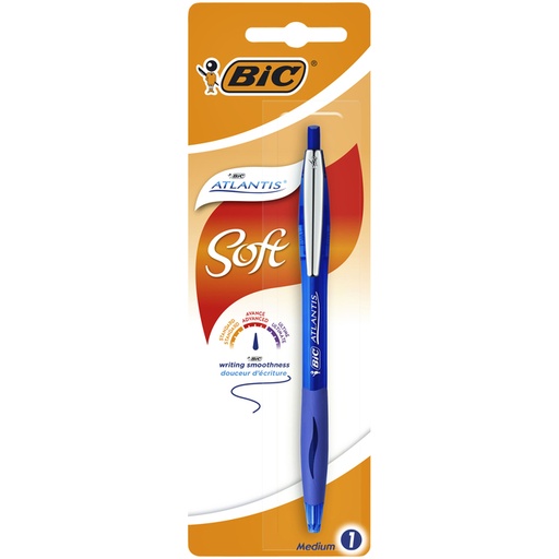 [616013] Stylo bille BIC Atlantis Soft Clip métal Clic Medium bleu blister 1 pièce