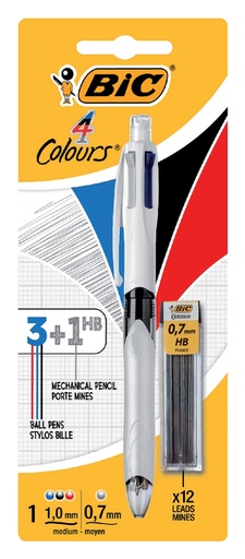 [616424] Stylo bille BIC 3 couleurs avec portemine HB 0,7mm Medium blanc blister 1 pièce