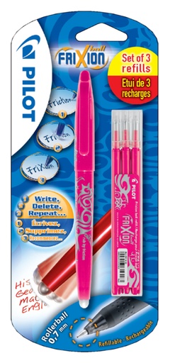 [636129] Rollerpen PILOT friXion medium roze blister à 1 stuk + 3 vullingen