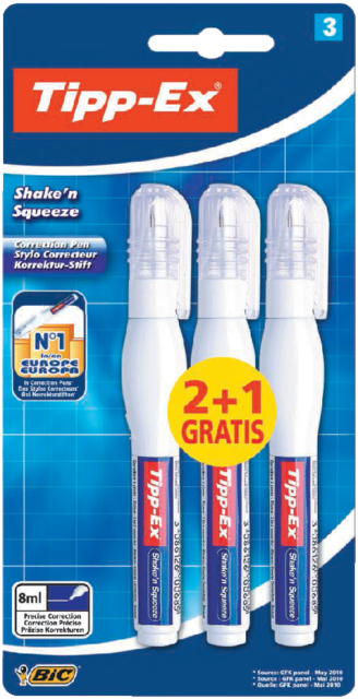 Correctiepen Tipp-ex Shake ''n Squeeze 8ml 2+1 gratis blister