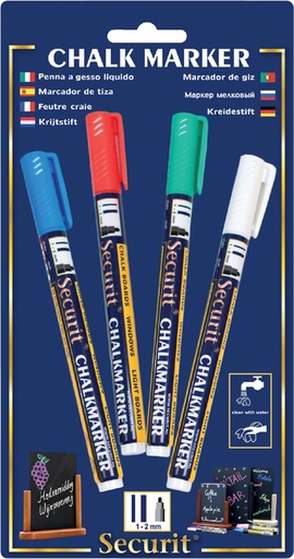 [631285] Feutre-craie Securit SMA-100 ogive assorti 1-2mm blanc/bleu/vert/rouge blister 4 pièces