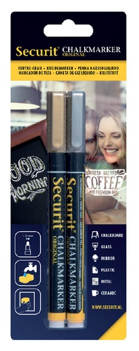 [631275] Marqueur craie Securit SMA-100 ogive 1-2mm or/argent assorti 2 pièces