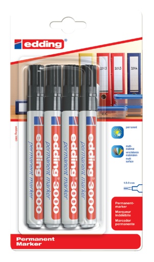 [630051] Marqueur Edding 3000 Pointe ogive 1,5-3mm noir blister 4pcs