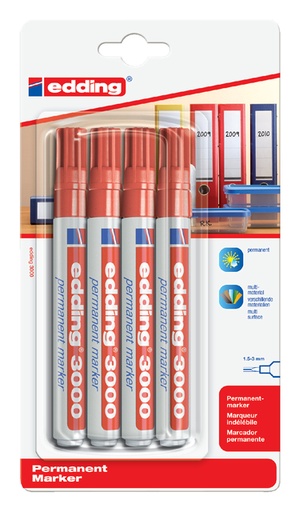 [630052] Marqueur edding 3000 ogive 1,5-3mm rouge blister 4pcs