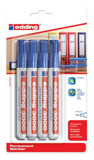 [630053] Marqueur edding 3000 Pointe ogive 1,5-3mm bleu blister 4pcs