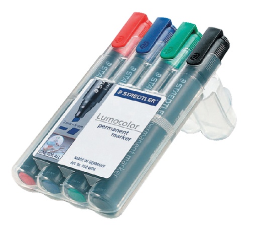 [631379] Viltstift Staedtler Lumocolor 350 permanent schuin set à 4 stuks assorti