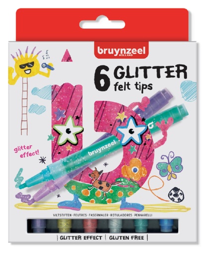 [631416] Viltstift Bruynzeel Kids glitter blister à 6 stuks assorti